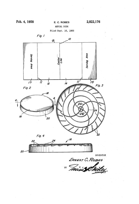 Patent drawing showing a divided playing field and four views of Ernest C. Robes’s Aerial Disk.